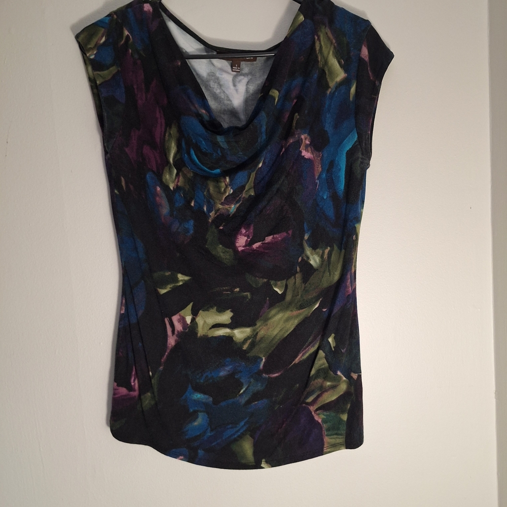 Adrienne Vittadini Black Cowl Neck Tank with Blue, Green & Purple Abstract Print